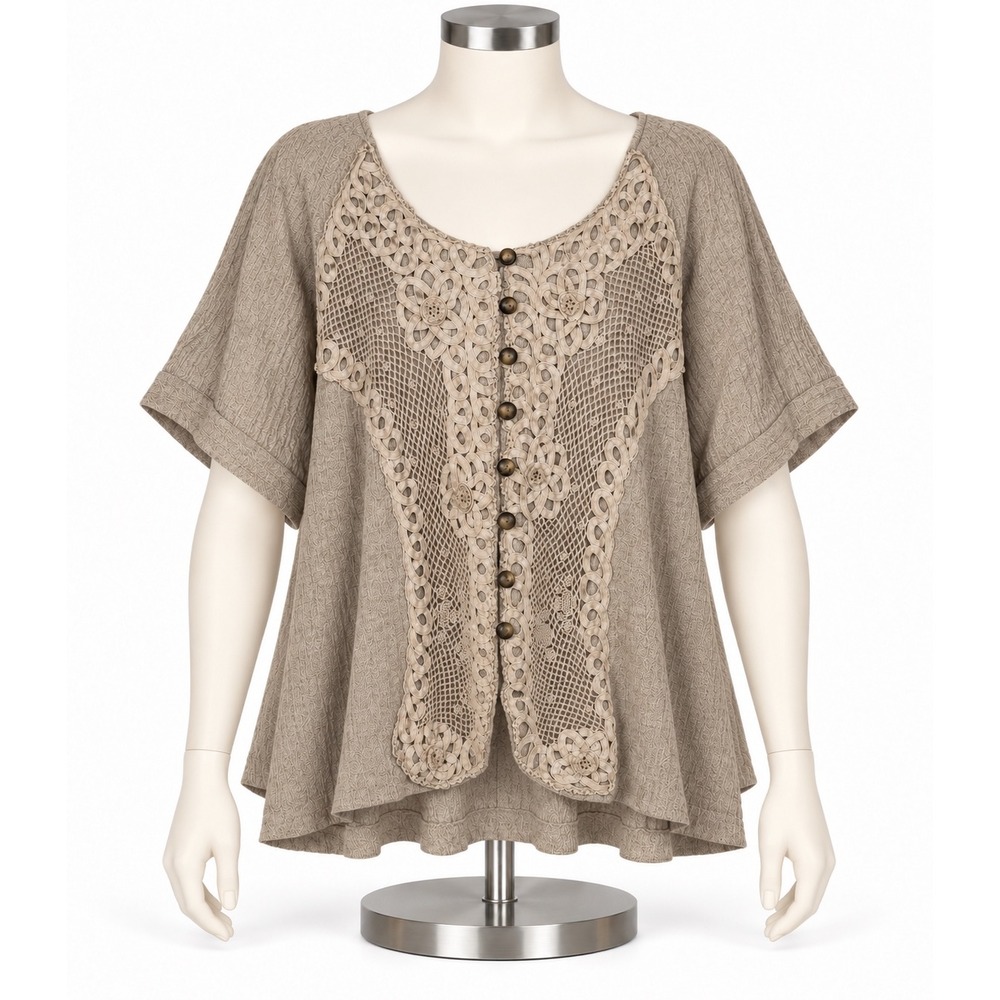 Spencer Alexis Taupe Crochet Lace Button Front Short Sleeve Blouse Boho Top